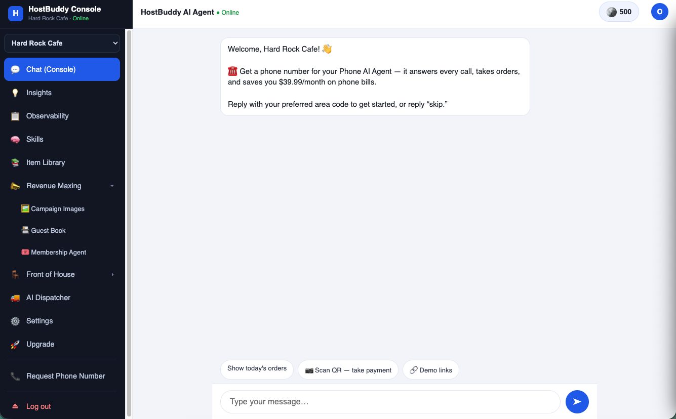 HostBuddy console — the AI agent your Square store talks through