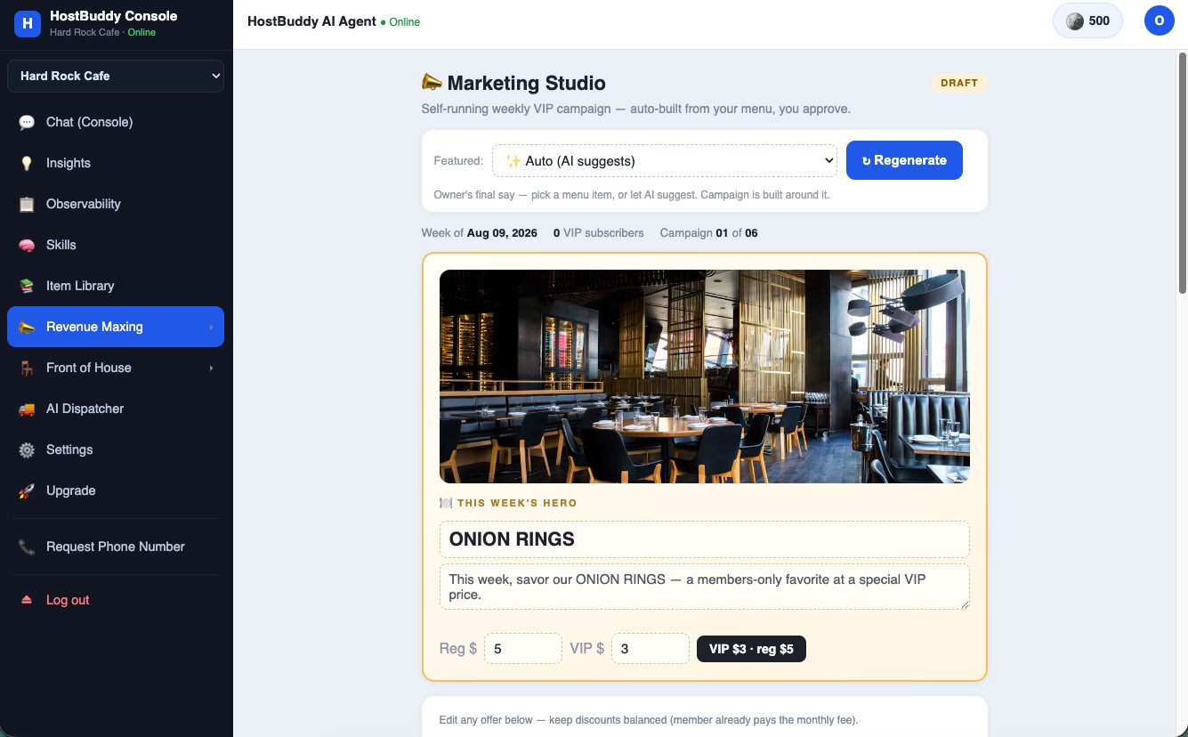 Weekly members-only campaign draft with VIP pricing