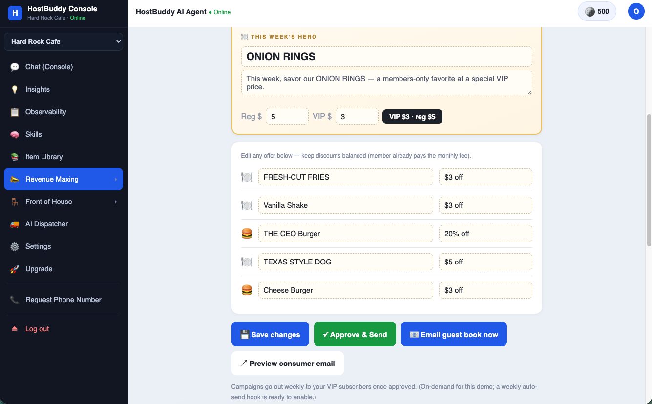Editable offer list with Approve and Send controls
