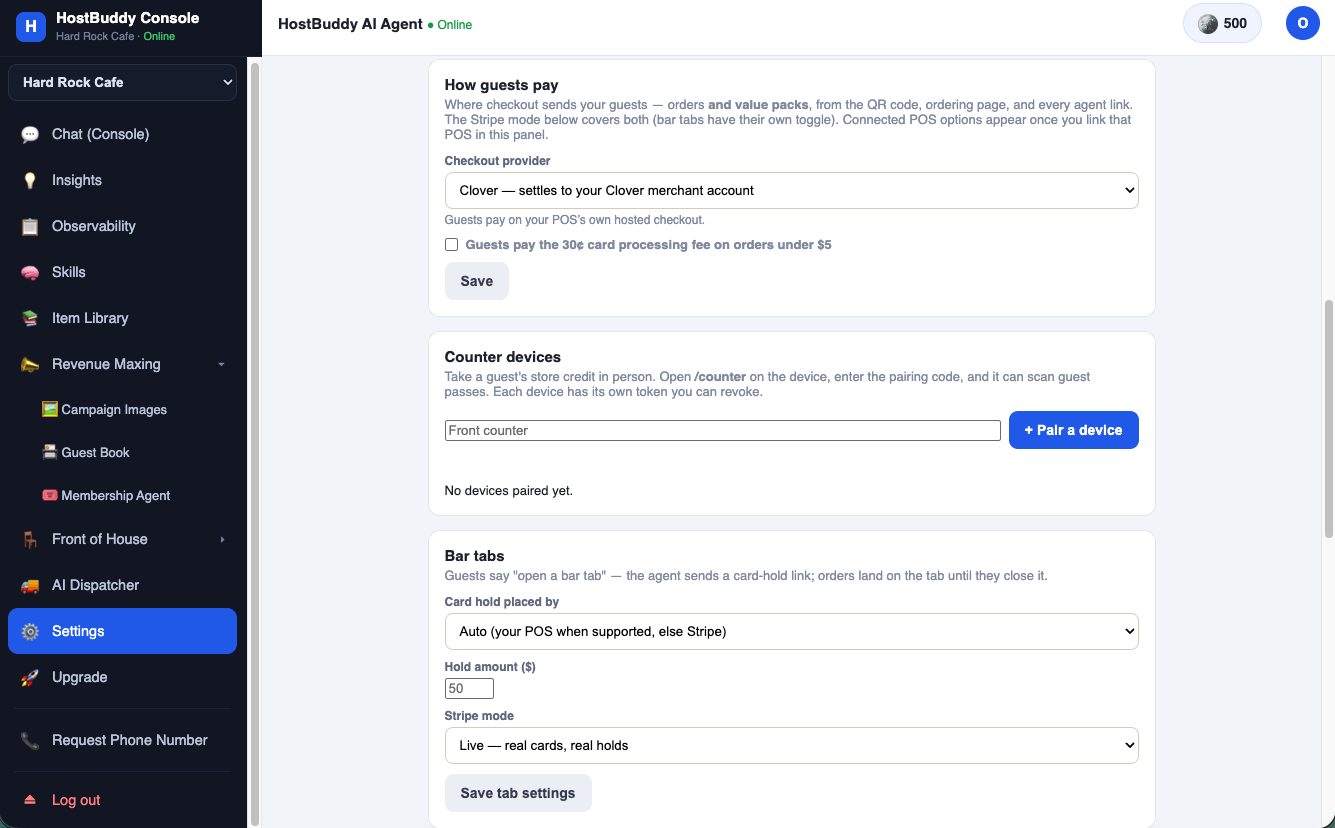 Checkout provider setting — Clover settles to your Clover merchant account