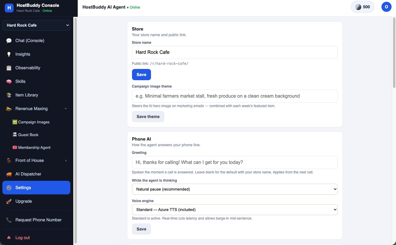Phone AI configuration — greeting, thinking behavior, voice engine with barge-in