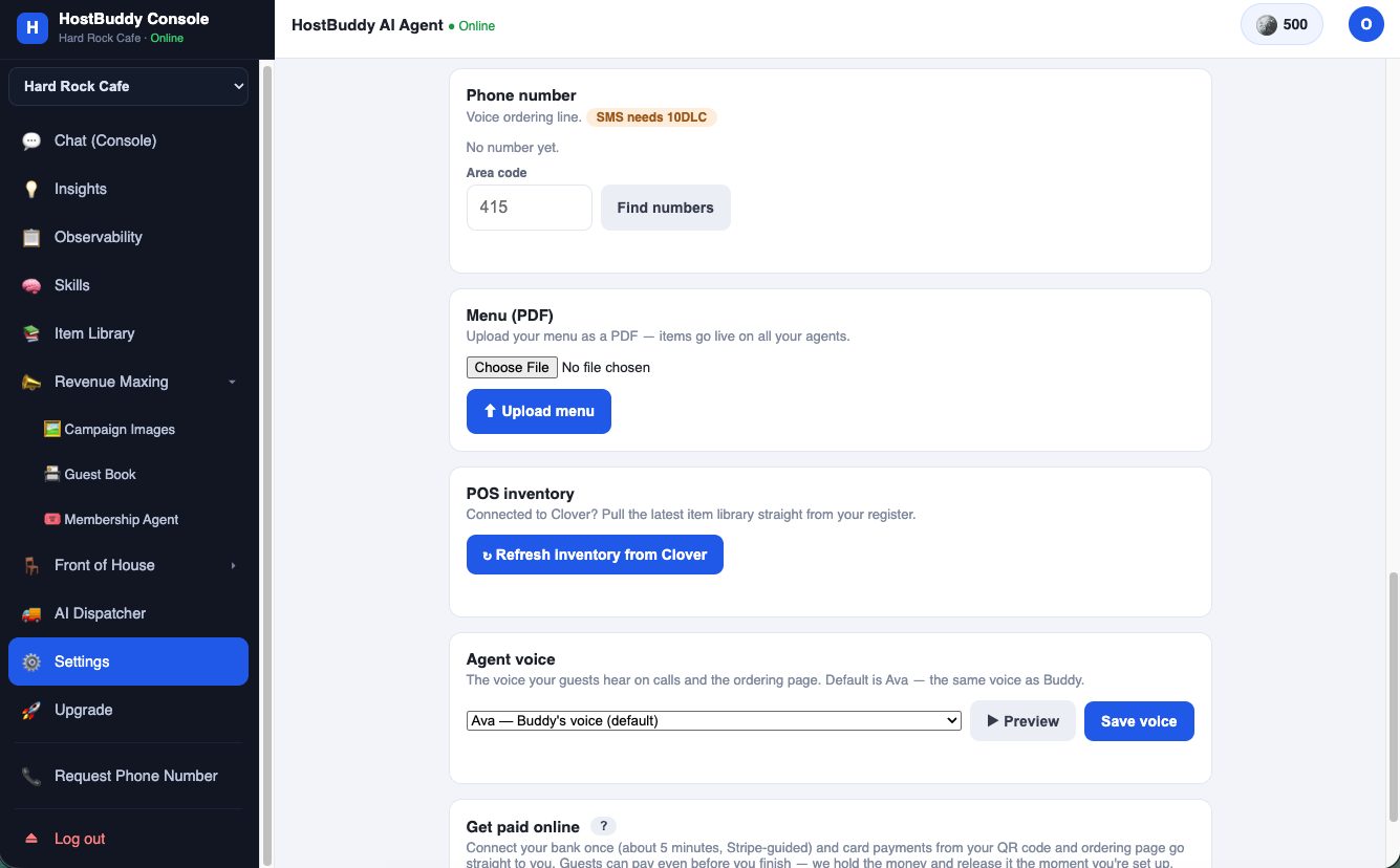 Settings — phone number search by area code, menu upload, POS inventory and agent voice