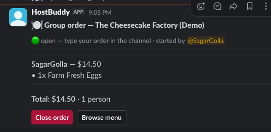 HostBuddy group order summary inside Slack