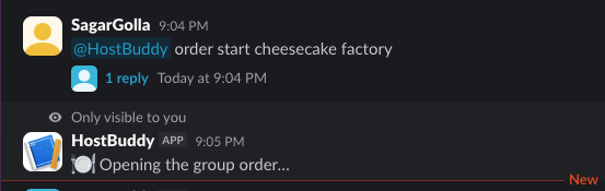 Starting a HostBuddy order in Slack