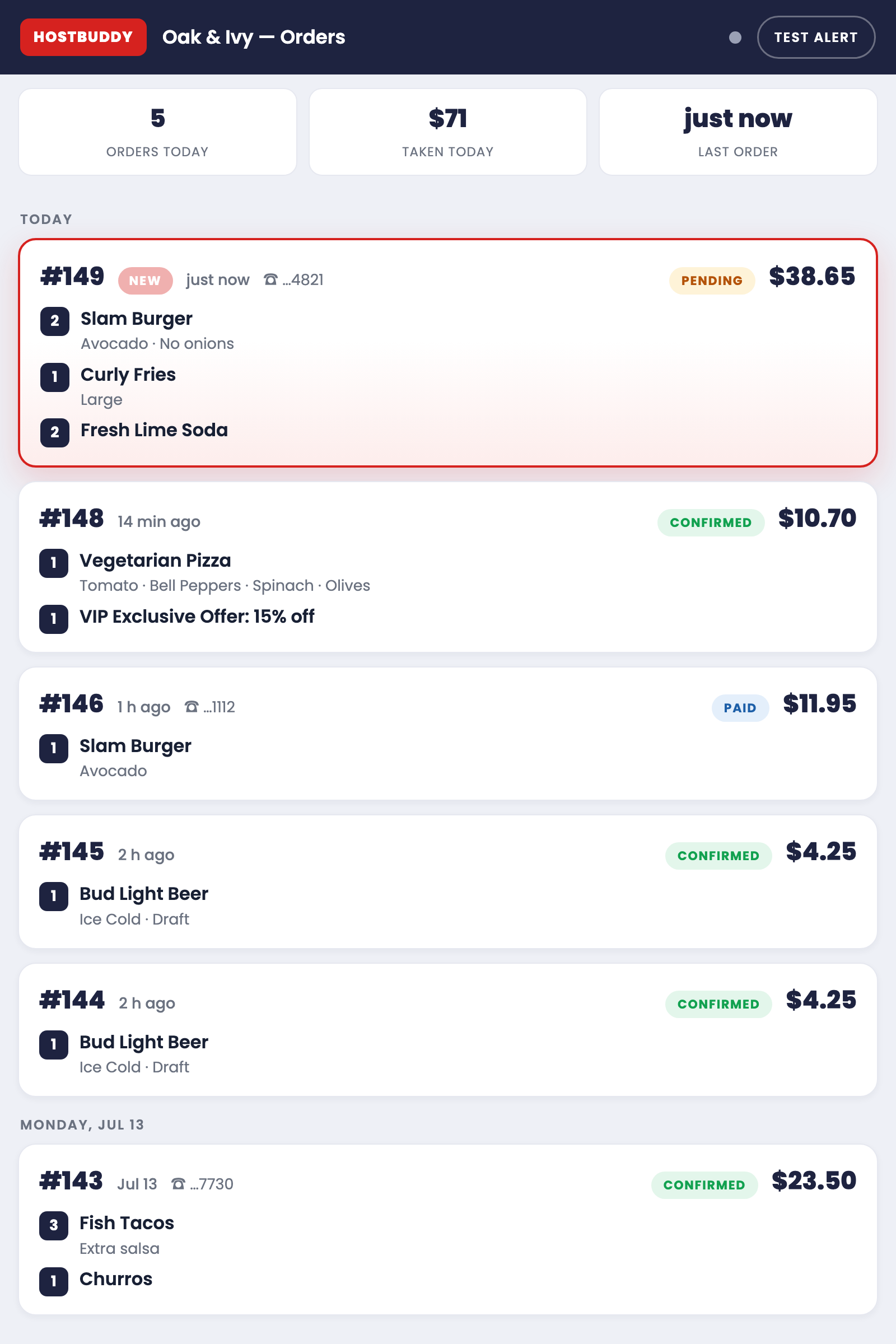 HostBuddy Orders app showing live orders, revenue and instant new-order alerts